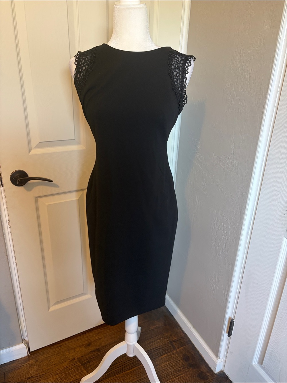 Calvin Klein Black Midi Dress with Crochet floral lace Cap Sleeves